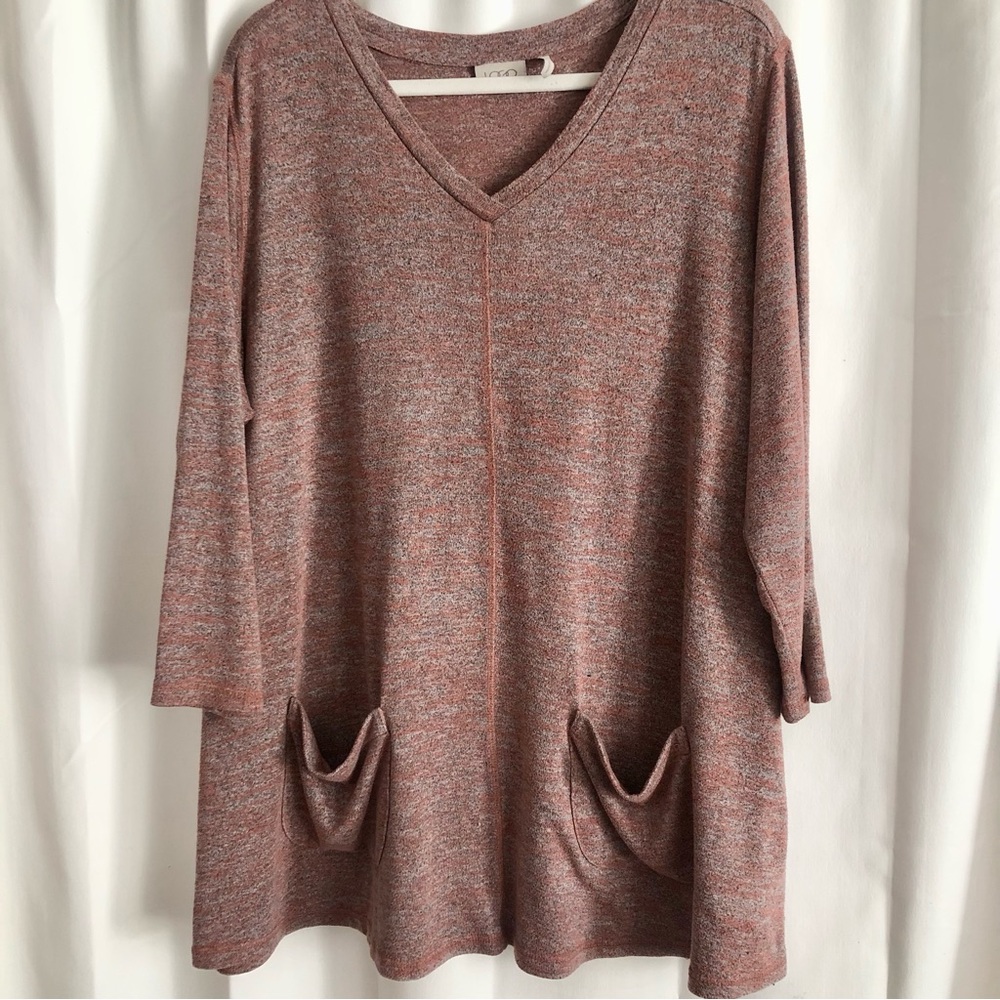 Logo Lori Goldstein space dye lightweight sweater rust grey V-neck pockets XXL